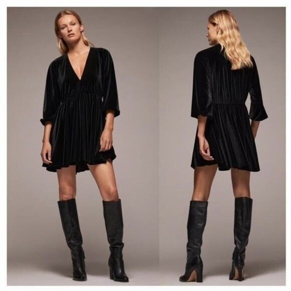 Zara Black Velvet Dress Womens M Whimsigoth Witchy Deep V Mini Short Party Vamp